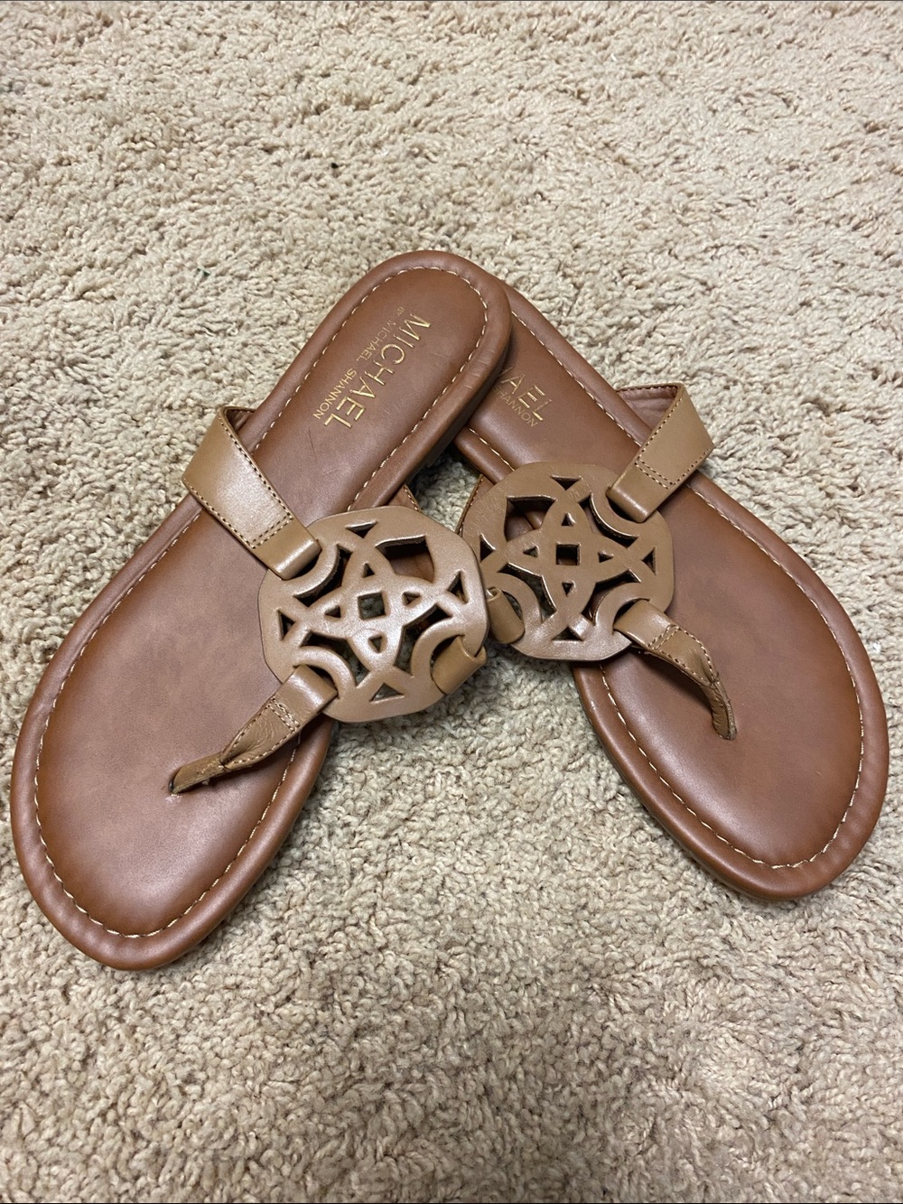 New - Michael Shannon Brown Leather Logo Cutout Thong Sandals